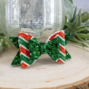 Christmas Dog Bow. Cute Green Red White Chevron Stripe With Green Glitter Hair Bow. Girl Dog or Boy Dog Barrette. Small Dog Hair Clip.Yorkie