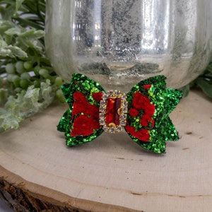 Christmas Dog Bow. Cute Green and Red Flock with Green Glitter. Optional Centers. Girl Dog or Boy Dog Barrette. Small Dog Hair Clip. Yorkie