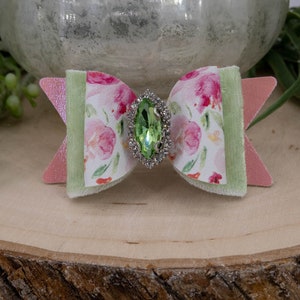 Fancy Dog Bow. Pink & Green Hair Bow for Dogs, Rhinestone Center Options, Girl Dog Barrette, Small Dog Hair Clip, Yorkie Shih Tzu Morkie