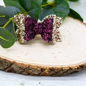 Cute Holiday Dog Hair Bow with Burgundy/ Maroon & Gold Glitter - Small Dog Hair Clip for Girl Dog Boy Dog.  Barrette for Yorkie, Maltese