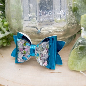 Dog Hair Bows, Metallic Blue with Silver Blue Green Sequins Dog Bow. Yorkie Shih Tzu. Girl Dog or Boy Dog Barrette. Small Dog Hair Clip.