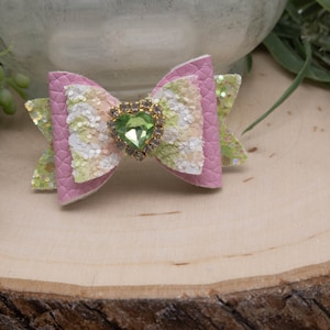 Fancy Dog Bow. Pink & Green Hair Bow for Dogs, Rhinestone Center Options, Girl Dog Barrette, Small Dog Hair Clip, Yorkie Shih Tzu Morkie