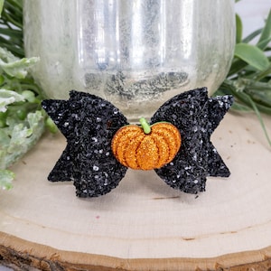 Cute Halloween Dog Bows, Orange Pumpkin and Black Glitter. Perfect for Halloween.  Girl Dog or Boy Dog Barrette. Hair Clip. Yorkie Maltese