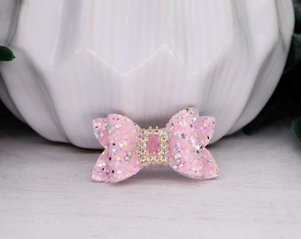 Tiny Dog Bow 1.5"| Pink Glitter Dog Bow with Pearl Center | Yorkie Maltese Shih Tzu Topknot Bow |Hair Clip Barrette | Dog Hair Accessory