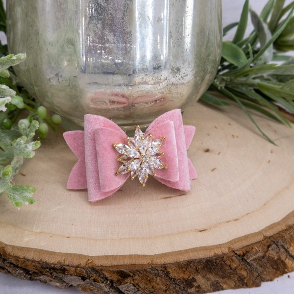 Gorgeous Pink Suede Dog Hair Bow. Rhinestone Center. Girl Dog Barrette. Small Dog Hair Clip. Wedding. Yorkie Morkie Maltese Shih Tzu Poodle