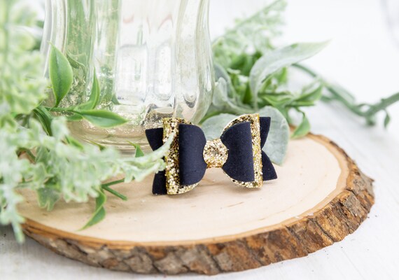 Cute Dog Hair Bows, Small Dog Bows, Beautiful navy blue suede with gold glitter, Holiday Bow. Maltese Morkie Yorkie Shih Tzu Teacup Puppy. 