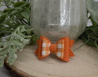 Halloween Fall Dog Hair Bows; White & Orange Plaid with Orange Glitter. Girl Dog or Boy Dog Barrette.  Hairclips for Yorkie Shih tzu Maltese