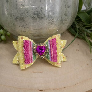 Cute Dog Hair Bows, Pink & Yellow Glitter Dog Bow. Rhinestone Center Available. Girl Dog or Boy Barrette. Small Dog Hair Clip. Yorkie Poodle