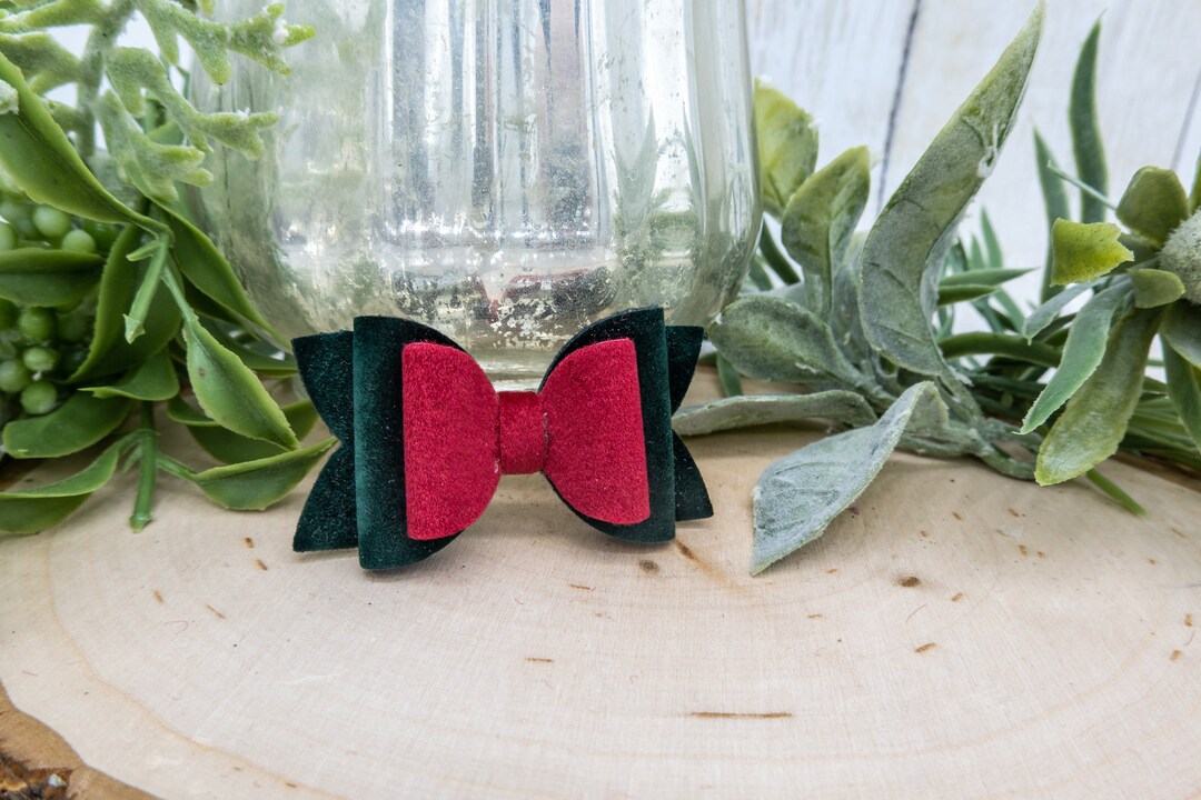 Cute Christmas Dog Bow. Red Velvet on Dark Green Hunter Velvet Dog Hair