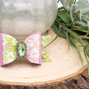 Fancy Dog Bow. Pink & Green Hair Bow for Dogs, Rhinestone Center Options, Girl Dog Barrette, Small Dog Hair Clip, Yorkie Shih Tzu Morkie