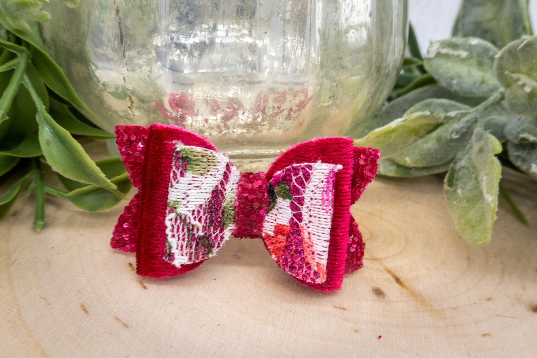 Cute Dog Bows. Fancy Dog Hair Bow With White Red Purple Lace on Red