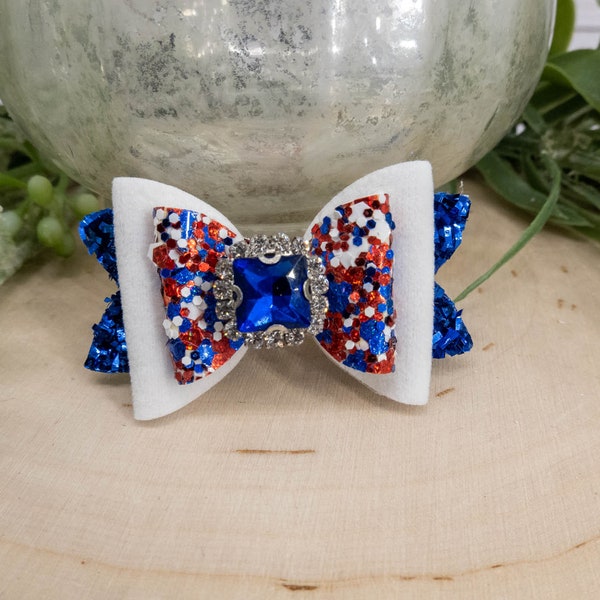 Dog Hair Bows, Red, White, Blue Glitter Dog Bow. Rhinestone Center Options. Cute Clip for Boy or Girl. Cute Patriotic July 4th Clip. Yorkie