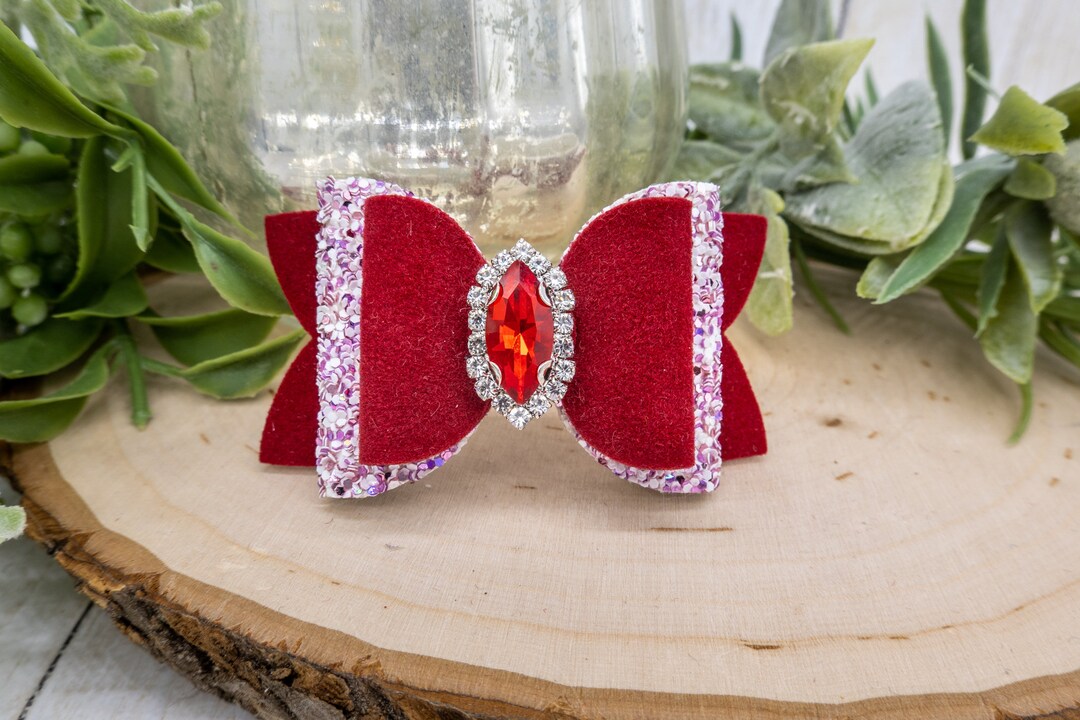 Cute Dog Bows. Dog Hair Bow With Red and White Glitter & Red Suede