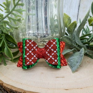 Cute Christmas Holiday Dog Hair Bows, Red & White Glitter Plaid Dog Bow. Girl Dog or Boy Dog Barrette. Small Dog Hair Clip. Yorkie Havanese