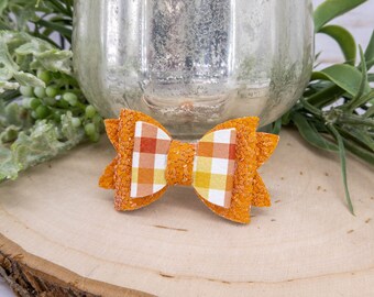 Cute Fall Dog Hair Bows; White, Orange, Green, Yellow, Berry Plaid with Orange Glitter. Girl Dog or Boy Dog Barrette. Small Dog Hair Clip