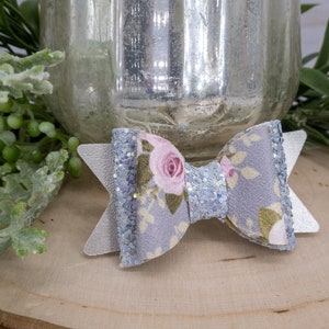 Cute Dog Bows. Pale Grey Glitter Mixed with Pink & Green Floral Dog Hair Bow. Girl Dog Barrette. Small Dog Hair Clip.  Yorkie Morkie Maltese