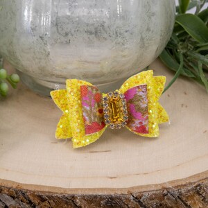 Cute Dog Hair Bows, Red & Pink on Yellow Glitter Dog Bow. Rhinestone Center Available. Girl Dog or Boy Barrette. Small Dog Hair Clip. Yorkie