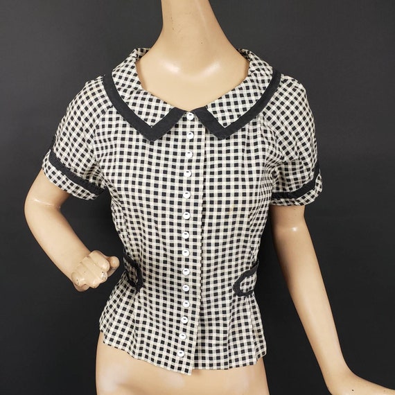 Vintage 1930s 1940s Black & White Gingham Cotton … - image 1