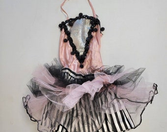 1950s Childs Dance Costume Ballet Pink Black Stripe Silver Lamè Tulle Skirt VTG