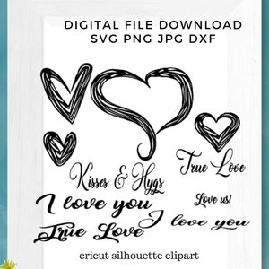 Corazones líneas símbolos de palabras valentine paquete svg dxf png cricut silueta Amor te amor verdadero Me encantan los besos y abrazos