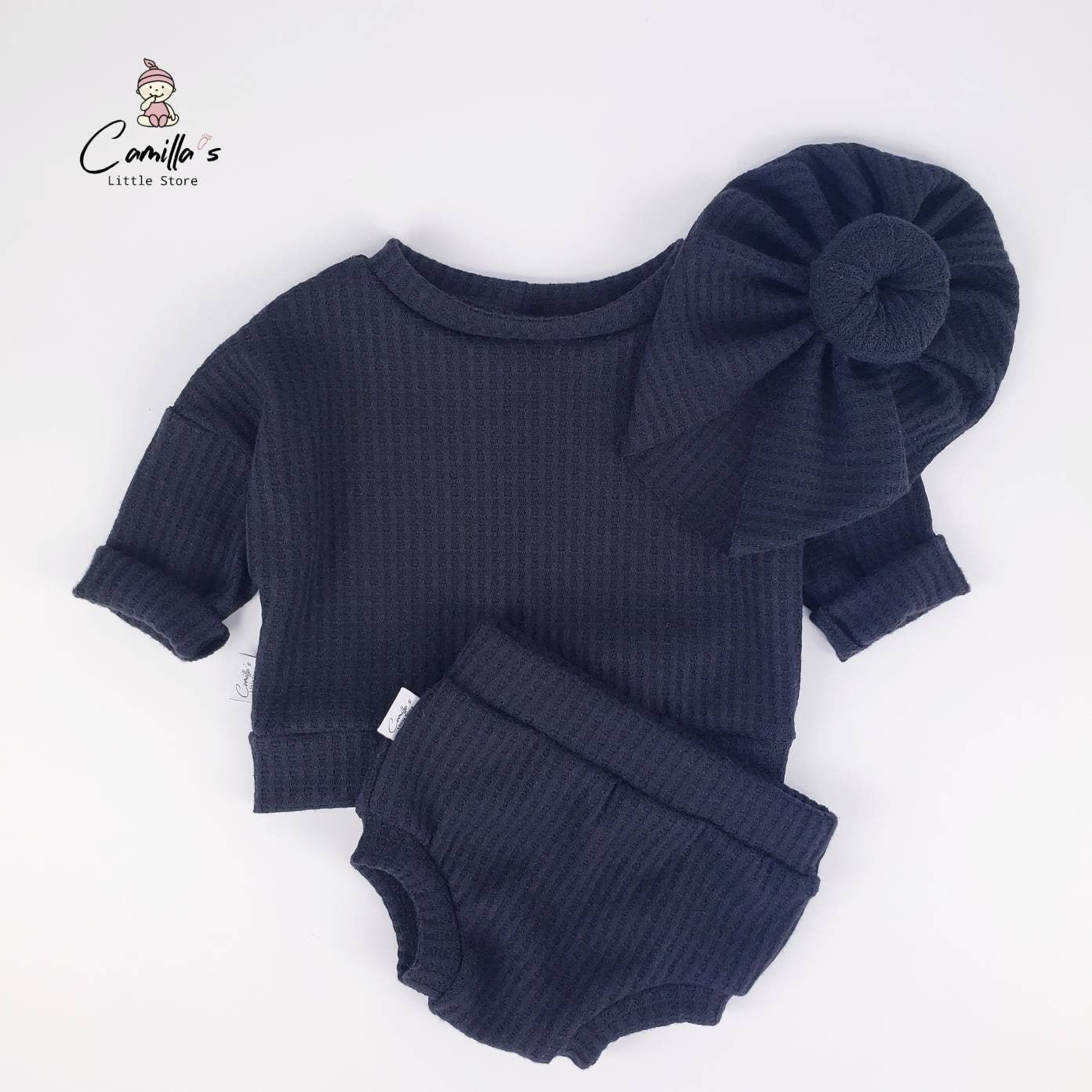 Black waffle lounge set baby sweater bloomers knot | Etsy