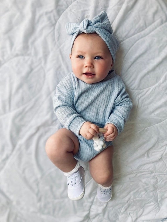 Ligth Blue Baby Lounge Set Baby Sweater Bloomer Top Knot Headband