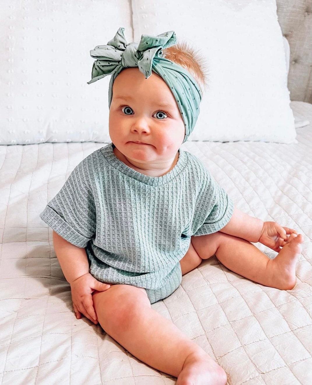 Sage Baby Summer Lounge Set Baby T-shirt, Bloomers & Knot Headband