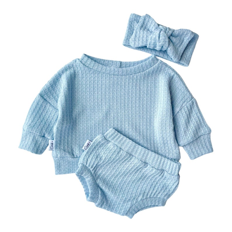Ligth Blue Baby Lounge Set Baby Sweater Bloomer Top Knot | Etsy