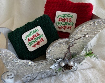 Christmas Crochet Coffee Cozy - Mistletoe Kisses Christmas Wishes - Holiday Coffee Sleeve