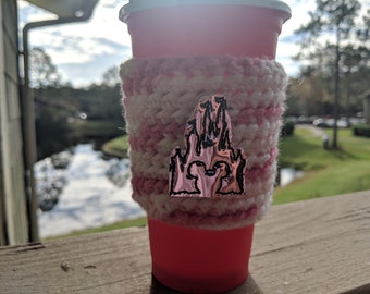 Holographic Castle Crochet Coffee Cozy - Castle Coffee Sleeve - Castle Coffee Cup Cozy