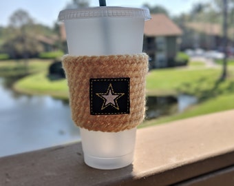 Army Crochet Coffee Cozy - Army Inspired Coffee Sleeve - Military Coffee Cup Cozy