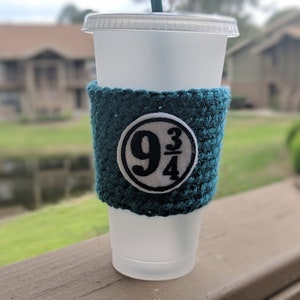 Platform 9 3/4 Crochet Coffee Cozy - Wizard Coffee Sleeve - 9 3/4 Coffee Cup Cozy