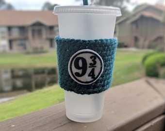 Platform 9 3/4 Crochet Coffee Cozy - Wizard Coffee Sleeve - 9 3/4 Coffee Cup Cozy