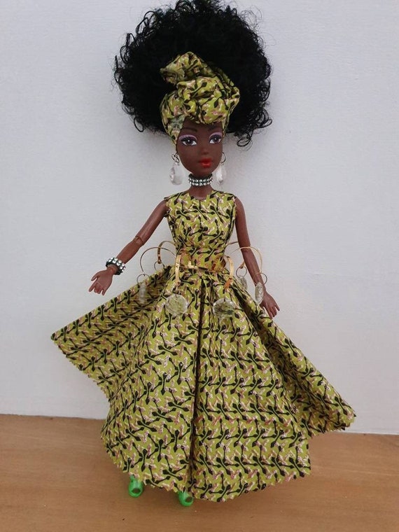 Black Dark Brown African Barbie Doll 30cm Tall with African Print Material 