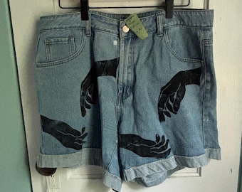 The Giver | XL Denim Shorts | Upcycled | Hand Printed |