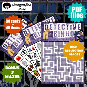 Op de afbeelding: Detective Bingo-spelkaarten met een detective-thema. De kaarten bevatten illustraties van detectives, aanwijzingen en een doolhof. Inclusief 30 kaarten, 46 items en 3 bonusdoolhoven. Hoge resolutie afbeeldingen en PDF-bestanden zijn inbegrepen.