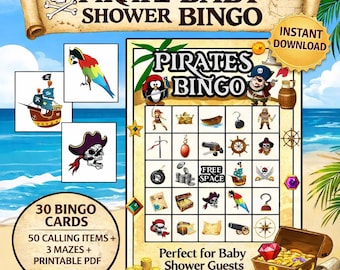 Afdrukbare bingo piratenbabyshower – schatthemaspel voor jongens, direct downloaden