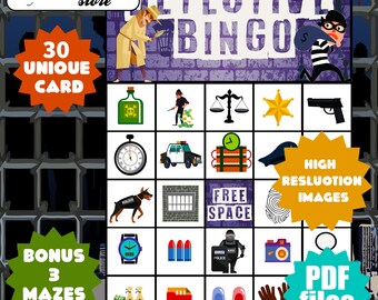 Detective Baby Shower Bingospel - Afdrukbare mysteriekaarten - Direct downloaden - 30 unieke kaarten en 3 doolhoven