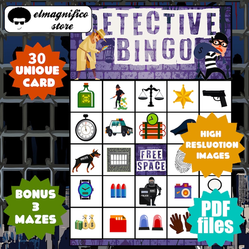 Op de afbeelding: Een kleurrijk Detective Bingo-spel met illustraties van misdaadgerelateerde items. Het spel bevat 30 unieke kaarten, bonusdoolhoven en afbeeldingen met hoge resolutie. Beschikbaar als PDF-bestanden.