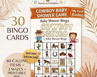 Cowboy babyshower bingo - 30 afdrukbaar – mijn eerste rodeospel, westerse activiteit (directe download)