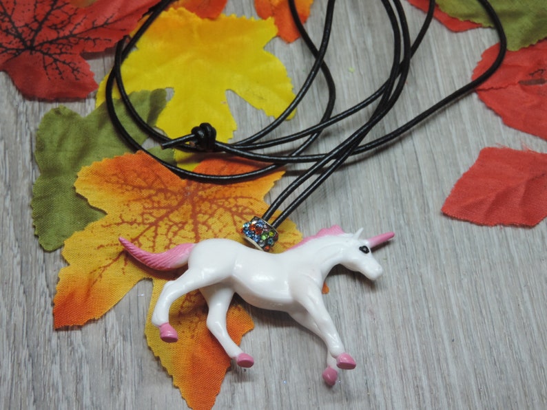 sparkles leather cord,statement necklace. Charm,acrylic charm,handmade Plastic unicorn,pink CONFIDENCE UNICORN PINK-Necklace recycled