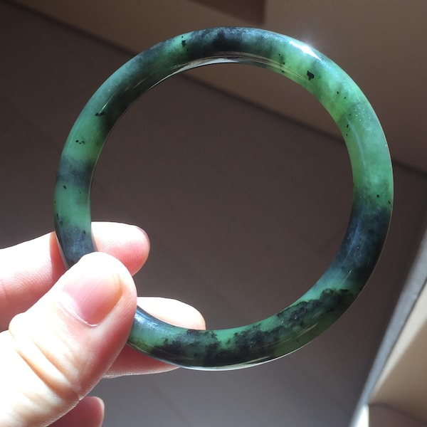 56.5mm Certified 100% Natural Dark Green/Black Green Ink Painting (绿水墨) Round Cut Nephrite (Wulanhai 乌兰海碧玉) Bangle HN167-7332