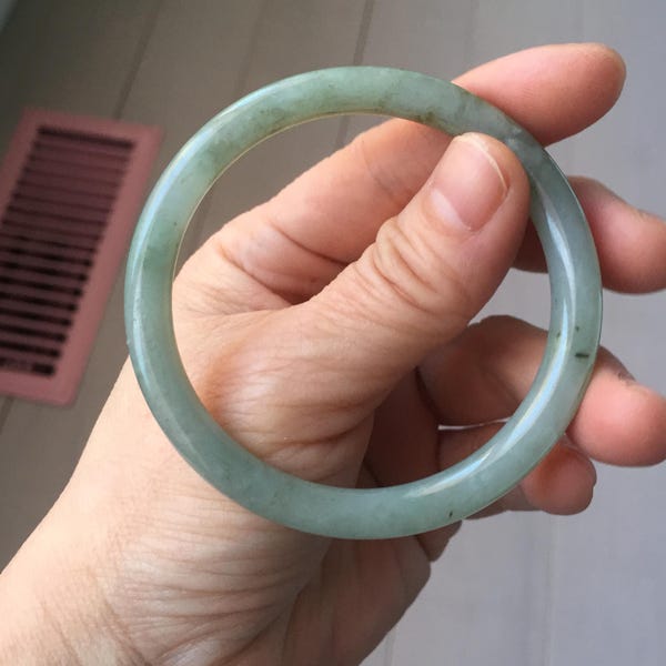 54.5mm Certified type A 100% Natural light green gray black slim round cut Jadeite bangle PA192-2462