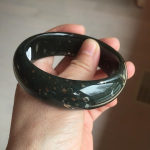 57.5mm 100% Natural dark green/black meteorite Stellar Night sky broad style nephrite Jade bangle HF109-0066