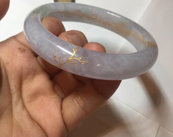 58.5 mm 認定100%天然タイプA 氷のような水のような緑/薄紫色の彫刻と