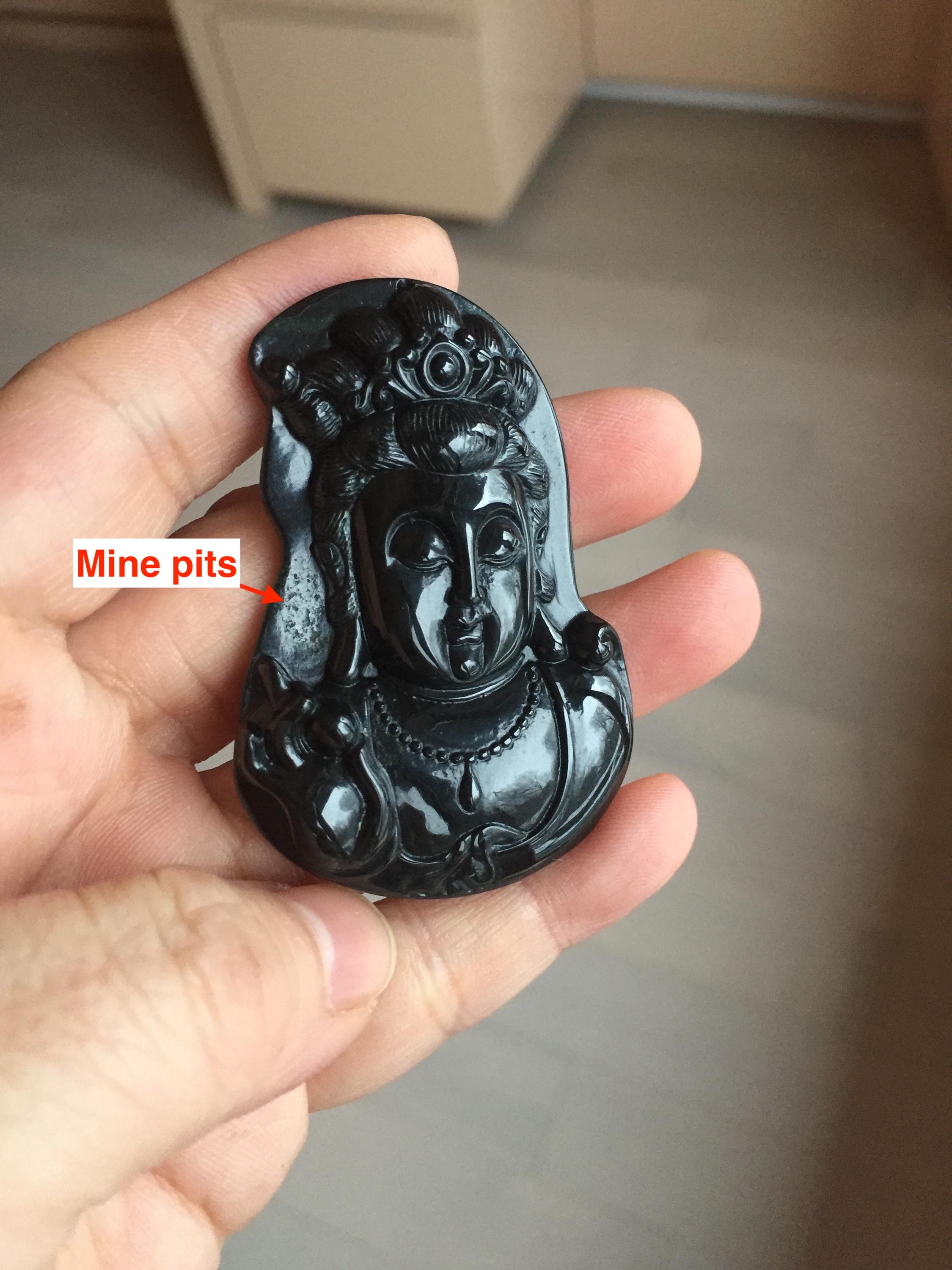 100% Natural Dark Green/ Black Jadeite Jade (mocui, 墨翠) Guanyin