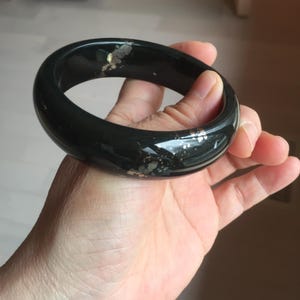 60mm certified 100% Natural dark green/ black meteorite Stellar Night sky broad style nephrite Jade bangle HF108-0063