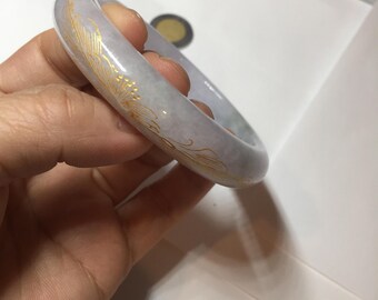 58.5 mm 認定100%天然タイプA 氷のような水のような緑/薄紫色の彫刻と