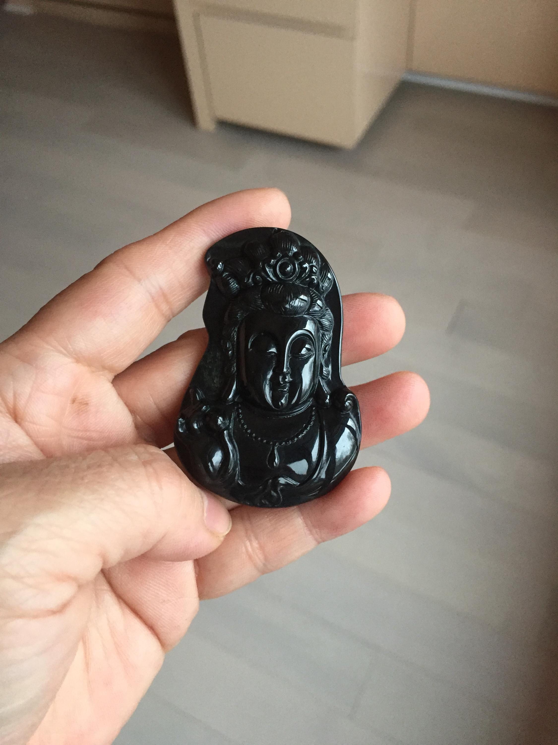 100% Natural Dark Green/ Black Jadeite Jade (mocui, 墨翠) Guanyin