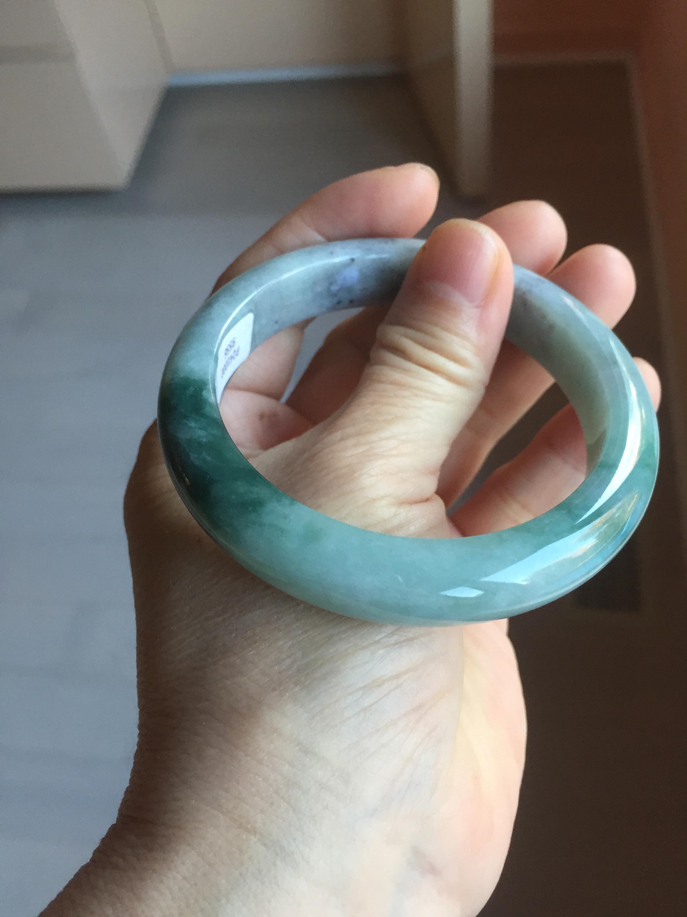 57mm 認定タイプA 100%天然 鮮やかな緑/灰色/黒のふっくらとした翡翠